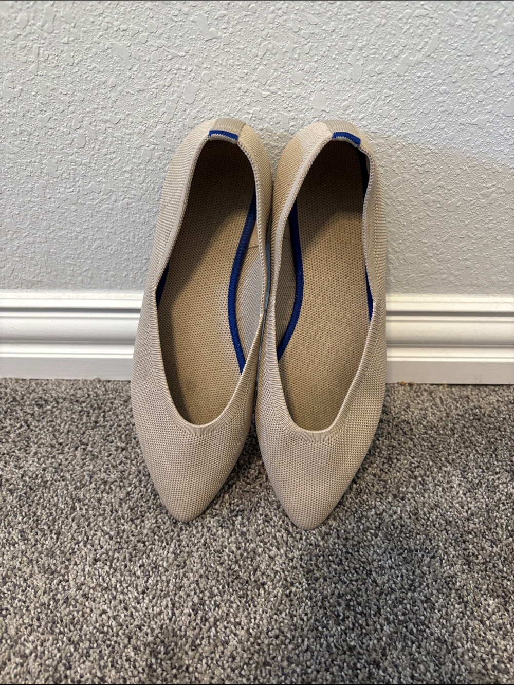 Pointed Knit Slip-On Flats in Beige